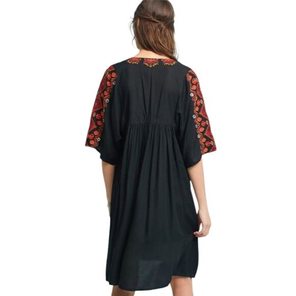 Anthropologie Raga Rala Bohemian Tunic Dress Small Black Embroidered Boho Hippie - Picture 2 of 12